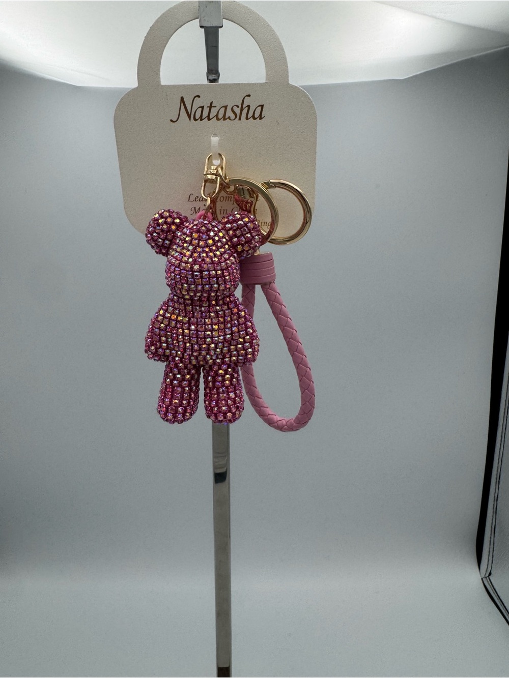 Natasha Couture Pink Crystal Teddy Bear Keychain with Braided Strap